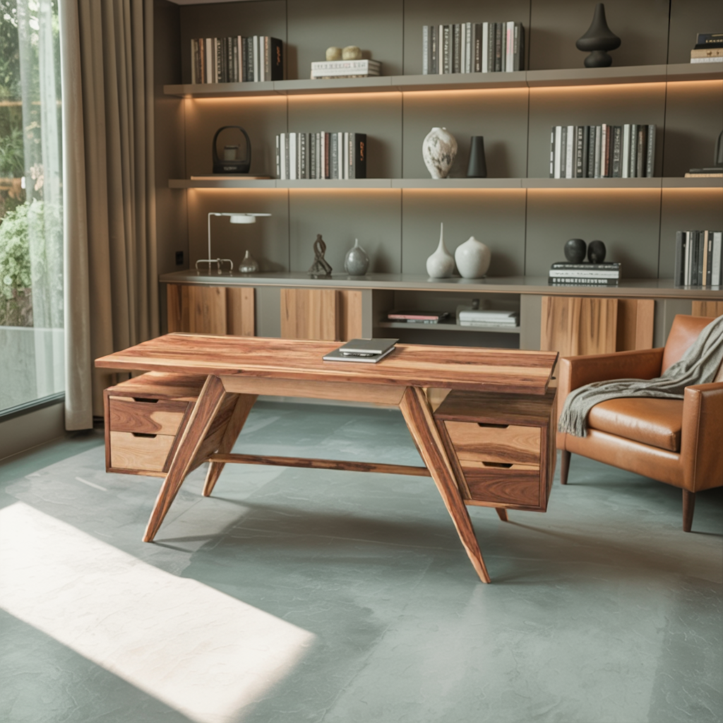 Modern Executive Wooden Desk With Angled Legs And Drawers For Home Office