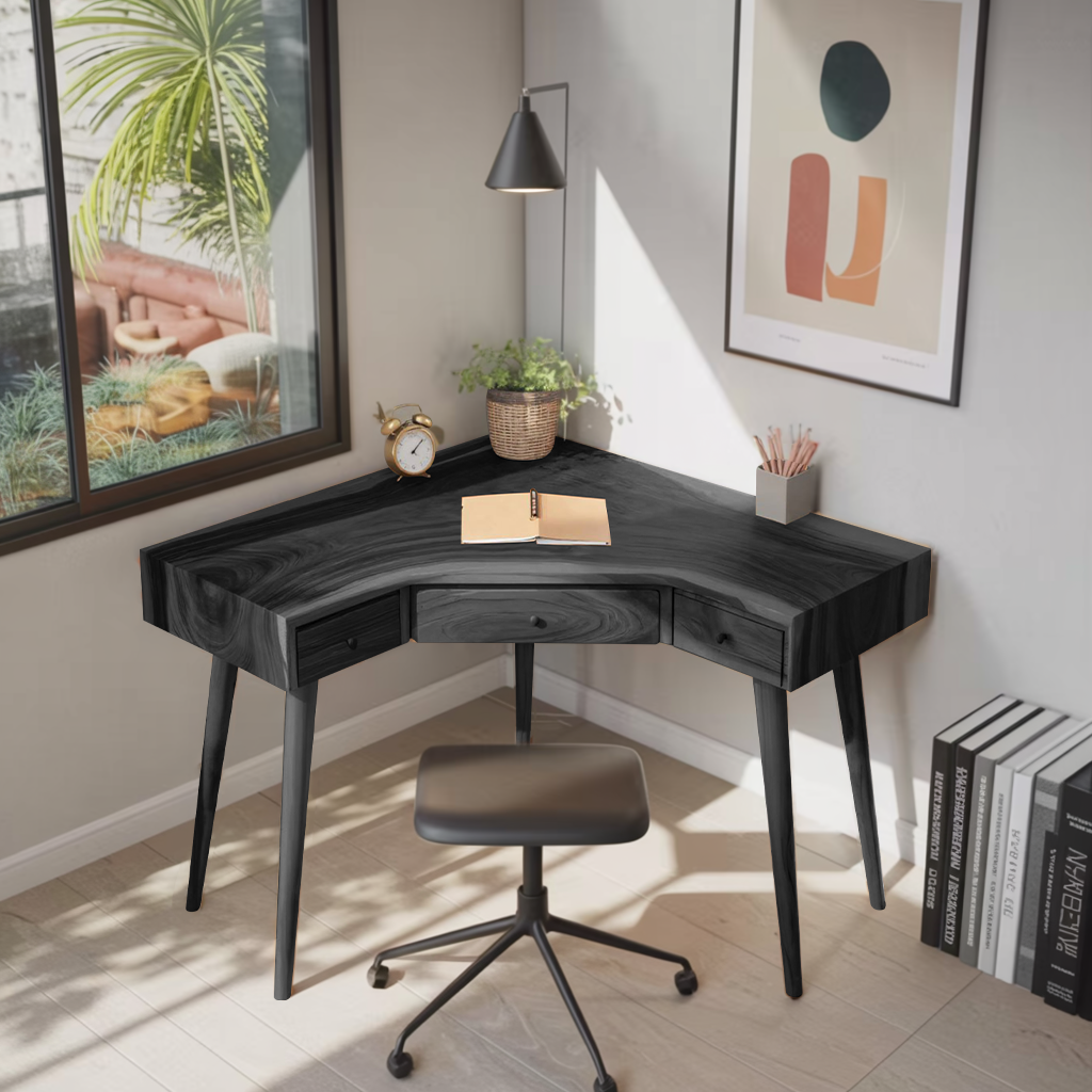 Mid Century Corner Wooden Desk With Drawer For Home Office Or Study