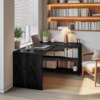 Modern L Shaped Wooden Desk With Bookshelf For Home Office Or Study