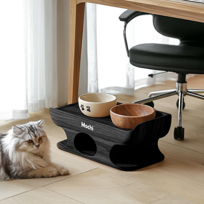 Mid Century Dog Food Bowl Stand With Wooden Base