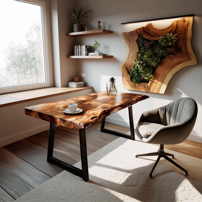 Modern Live Edge Wooden Desk With Metal Legs For Home Office Or Studio