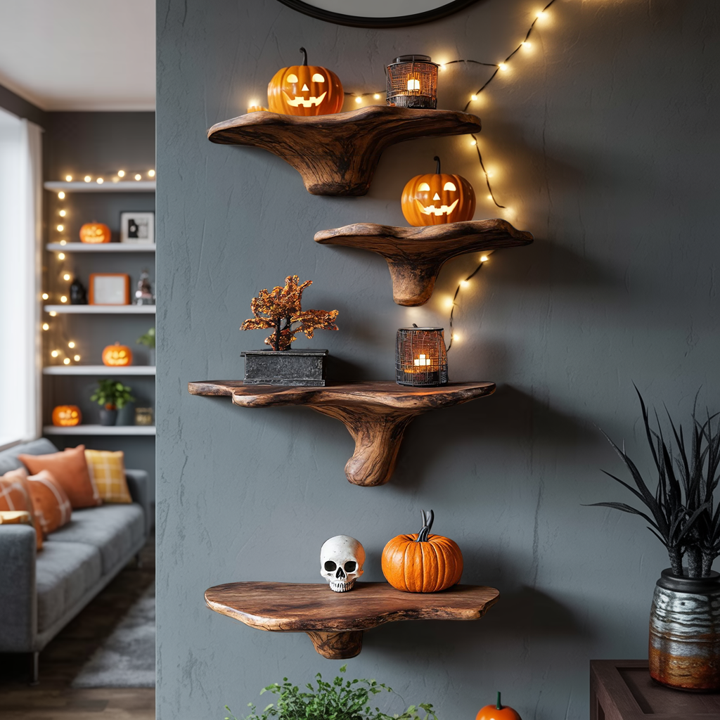 Farmhouse Wooden Mushroom Shelf For Halloween Party Decoration