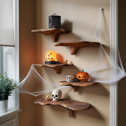 Mid Century Live Edge Mushroom Shelf Halloween Bedroom Styling
