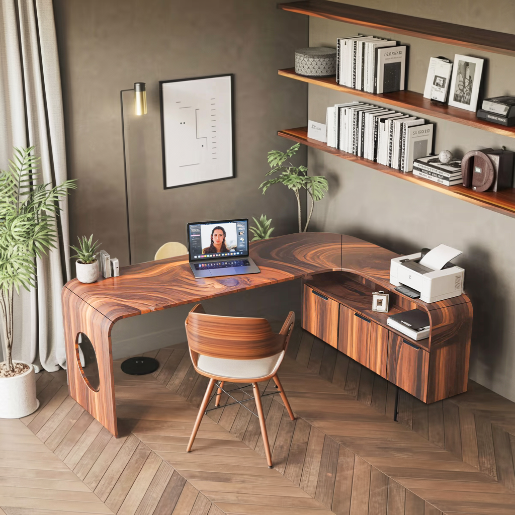 Modern L Shaped Wooden Desk With Rounded Corners For Executive Office