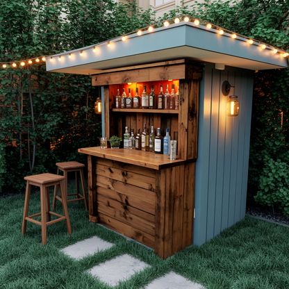 Rustic Wall Mounted Outdoor Bar With Shelves And Lights For Garden Or Patio