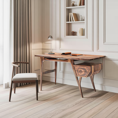 Mid Century Modern Wooden Writing Desk With Floating Drawer For Studio
