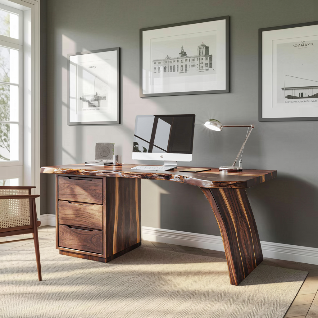 Artisan Live Edge Wooden Desk With Curved Legs For Home Office