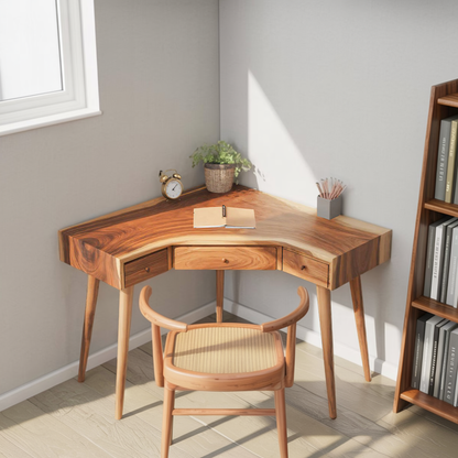 Mid Century Corner Wooden Desk With Drawer For Home Office Or Study