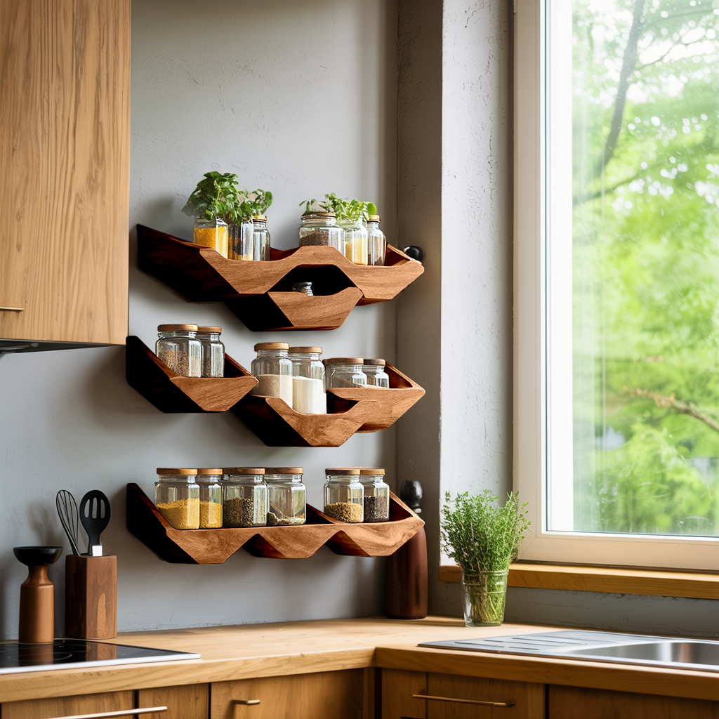 Farmhouse Kitchen Cabinet With Rustic Spice Rack Shelf