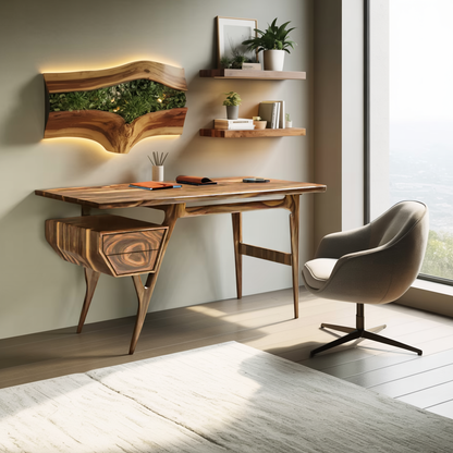 Mid Century Modern Wooden Writing Desk With Floating Drawer For Studio