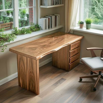 Rustic Live Edge Wooden Desk With Drawers For Home Office Or Study