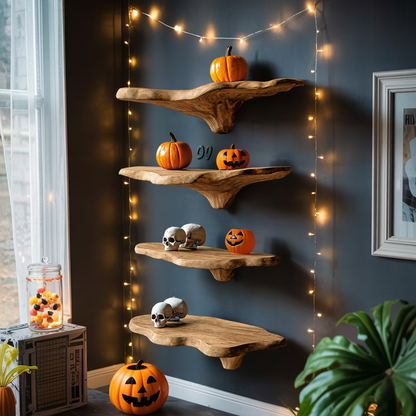Mid Century Solid Wood Mushroom Shelf For Halloween Wall Design