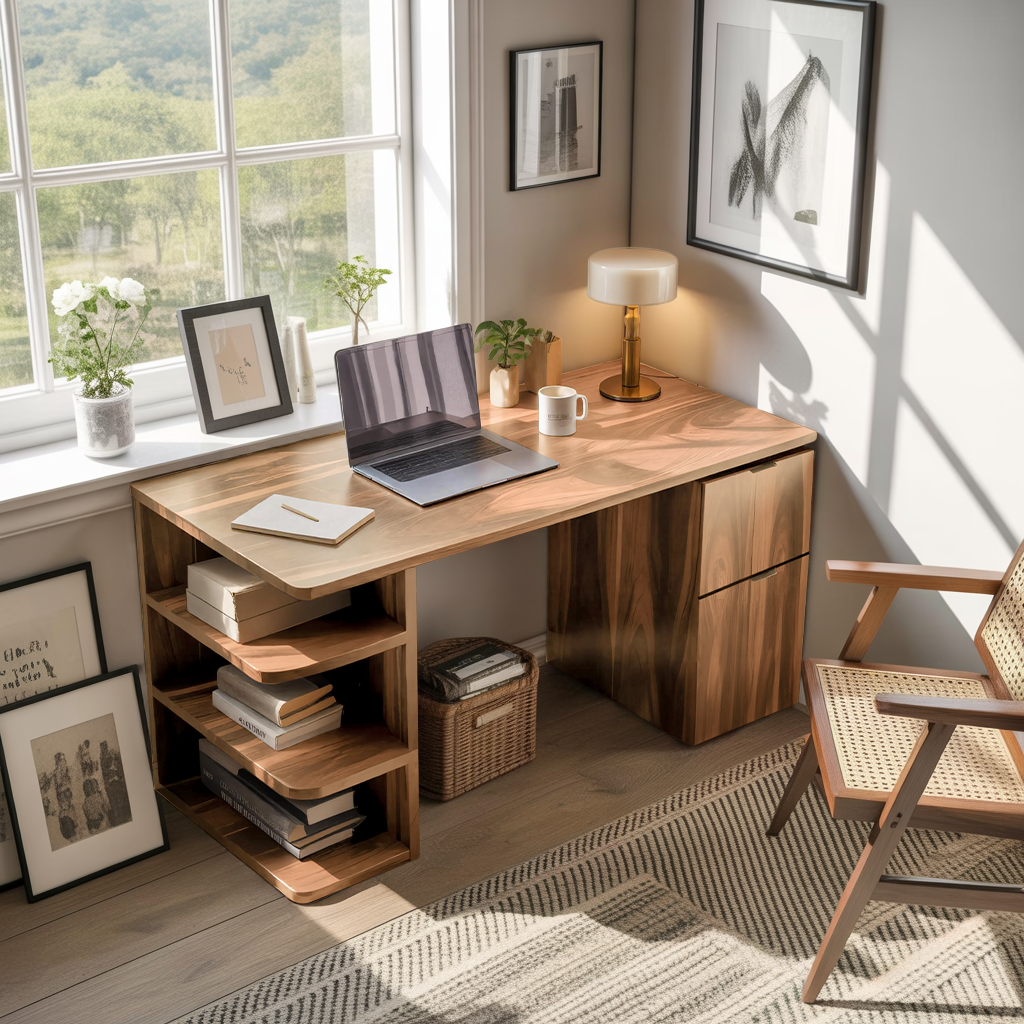 Contemporary Wooden Desk With Shelves And Drawers For Home Office