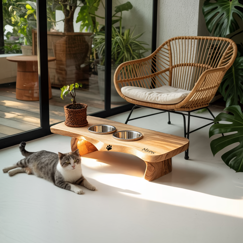 Wooden Dog Bowl Holder Rustic Style For Kitchen Decor