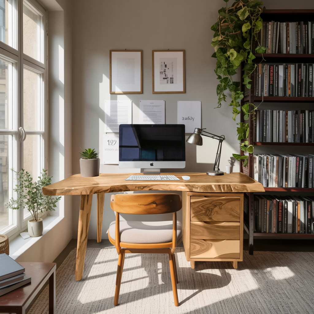 Modern Live Edge Wooden Desk With Drawers For Home Office Or Studio