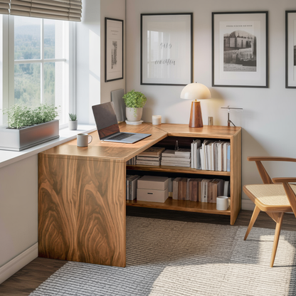 Modern L Shaped Wooden Desk With Bookshelf For Home Office Or Study