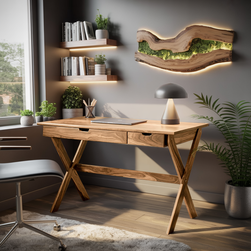 Scandinavian Wooden Desk with X Shaped Legs For Home Office Or Study