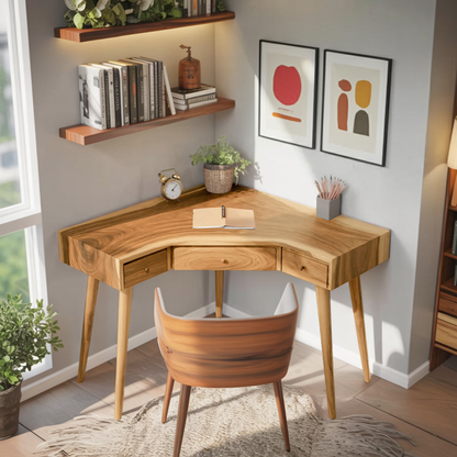 Mid Century Corner Wooden Desk With Drawer For Home Office Or Study