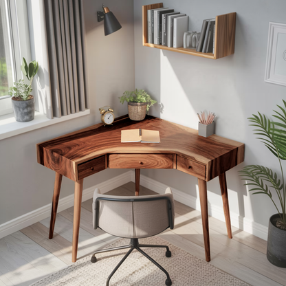 Mid Century Corner Wooden Desk With Drawer For Home Office Or Study