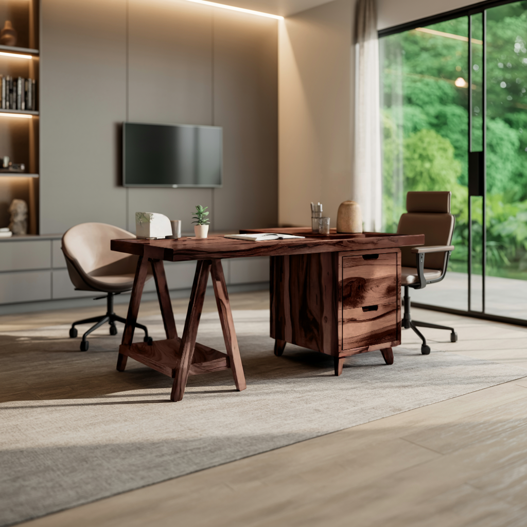 Modern Rustic Wood Desk With Drawers And A Frame Legs For Home Office