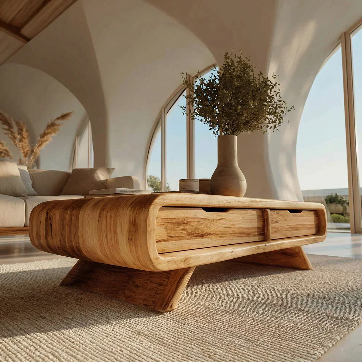 Curved Drawer Storage Coffee Table in Natural Solid Wood - Rustirawood