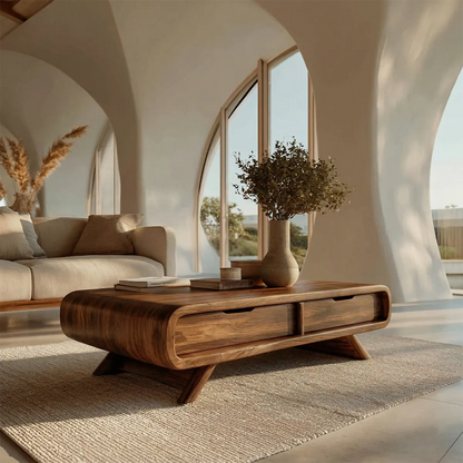 Curved Drawer Storage Coffee Table in Natural Solid Wood - Rustirawood