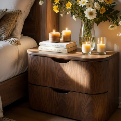 Curved Solid Wood Nightstand – Two-Drawer Minimalist Design - Rustirawood