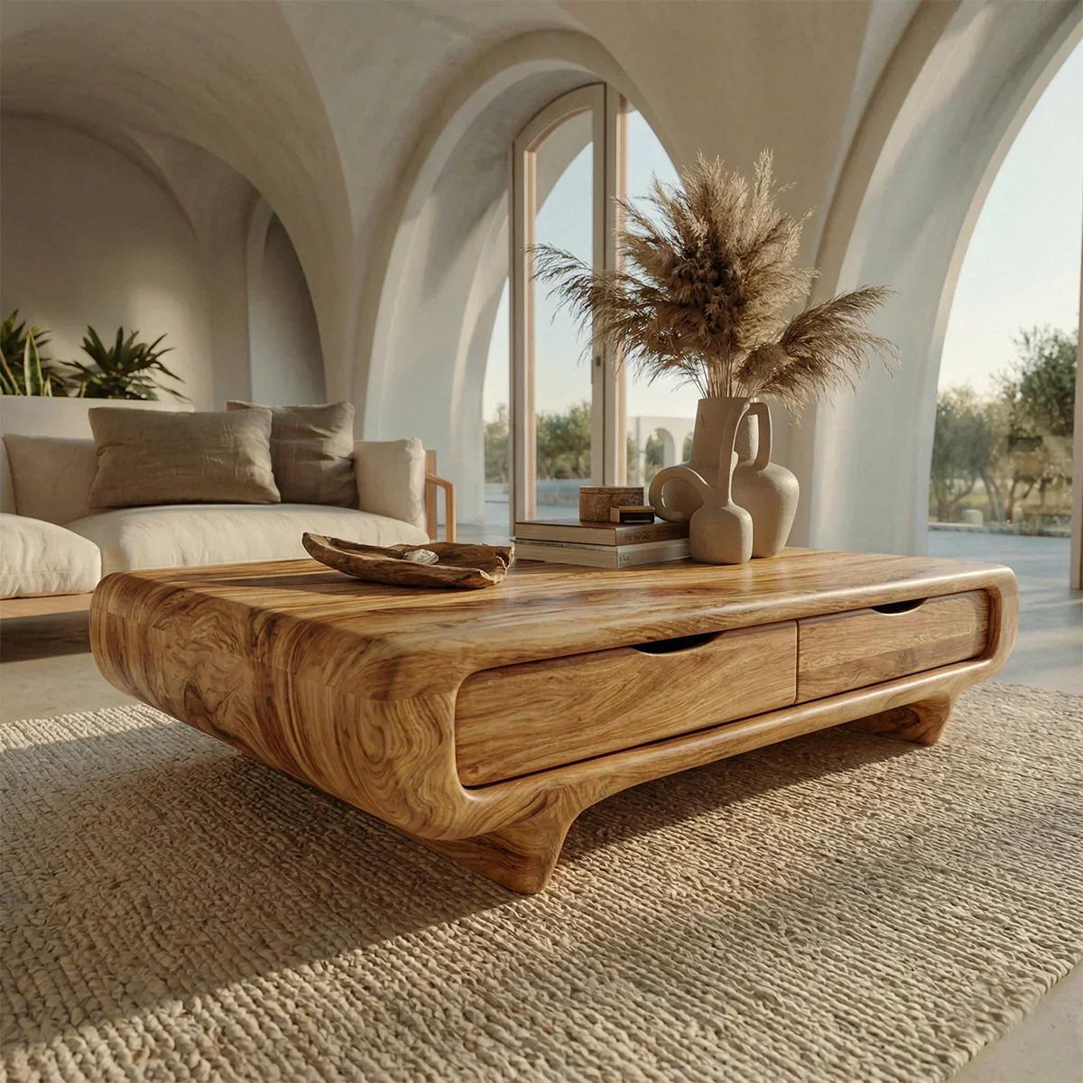 Farmhouse Drawer Coffee Table in Natural Solid Wood - Rustirawood