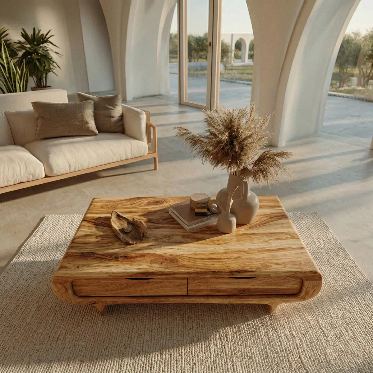 Farmhouse Drawer Coffee Table in Natural Solid Wood - Rustirawood