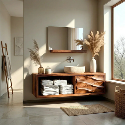 Floating Solid Wood Bathroom Vanity – Hand-Carved Natural Wood Storage Cabinet - Rustirawood
