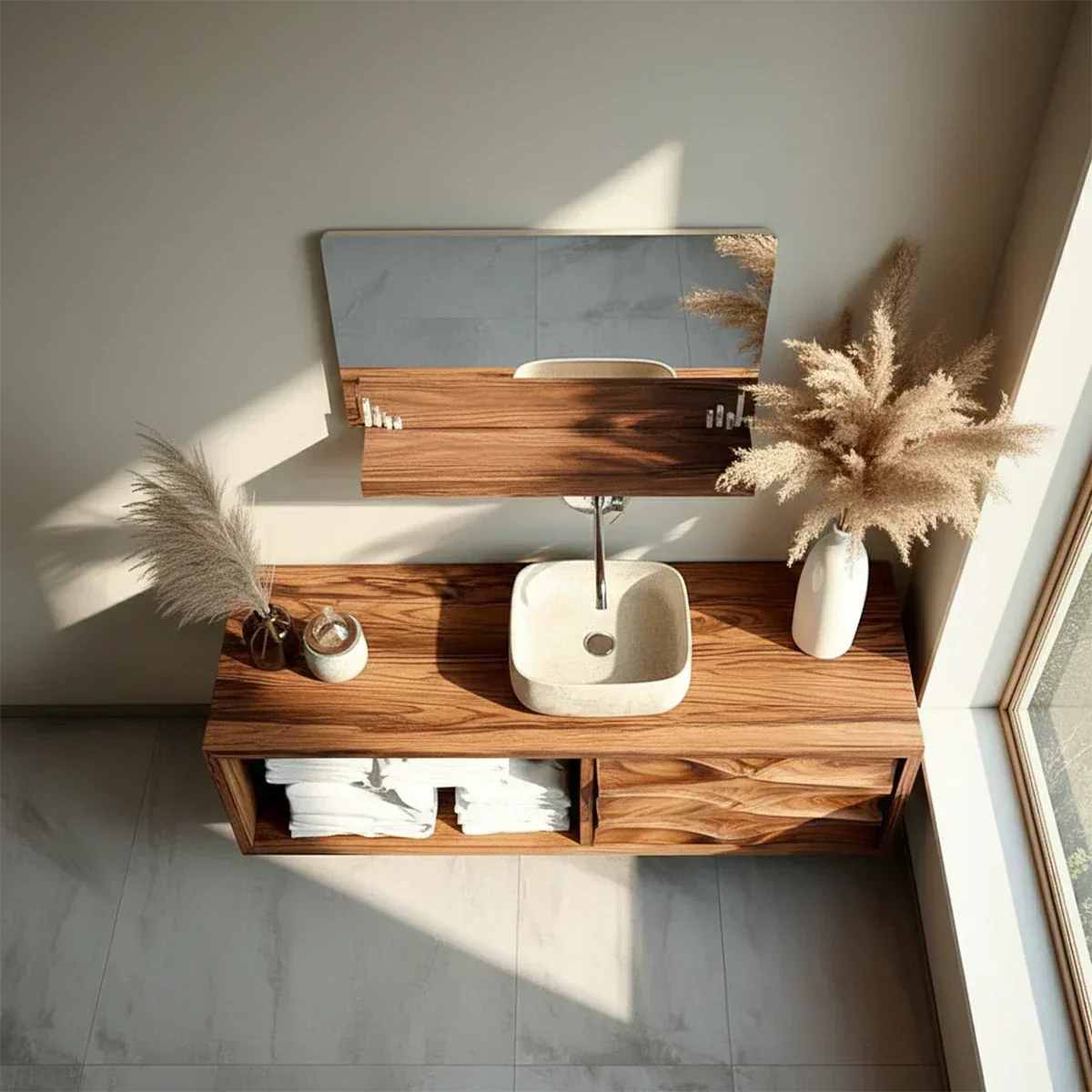 Floating Solid Wood Bathroom Vanity – Hand-Carved Natural Wood Storage Cabinet - Rustirawood