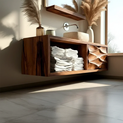Floating Solid Wood Bathroom Vanity – Hand-Carved Natural Wood Storage Cabinet - Rustirawood