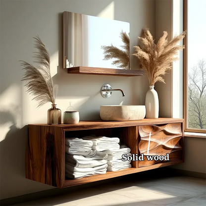 Floating Solid Wood Bathroom Vanity – Hand-Carved Natural Wood Storage Cabinet - Rustirawood