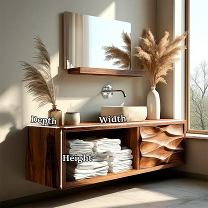 Floating Solid Wood Bathroom Vanity – Hand-Carved Natural Wood Storage Cabinet - Rustirawood