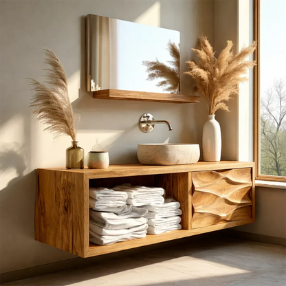 Floating Solid Wood Bathroom Vanity – Hand-Carved Natural Wood Storage Cabinet - Rustirawood