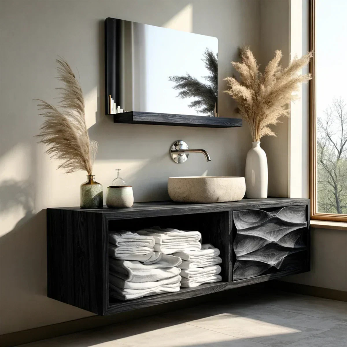 Floating Solid Wood Bathroom Vanity – Hand-Carved Natural Wood Storage Cabinet - Rustirawood