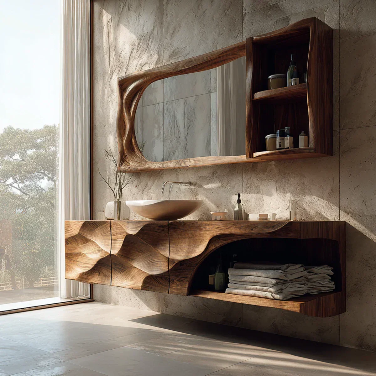 Floating Solid Wood Bathroom Vanity – Hand-Carved Natural Wood Storage Cabinet - Rustirawood