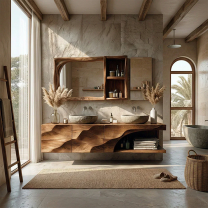 Floating Solid Wood Bathroom Vanity – Hand-Carved Natural Wood Storage Cabinet - Rustirawood