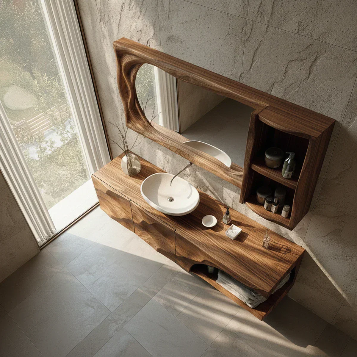 Floating Solid Wood Bathroom Vanity – Hand-Carved Natural Wood Storage Cabinet - Rustirawood