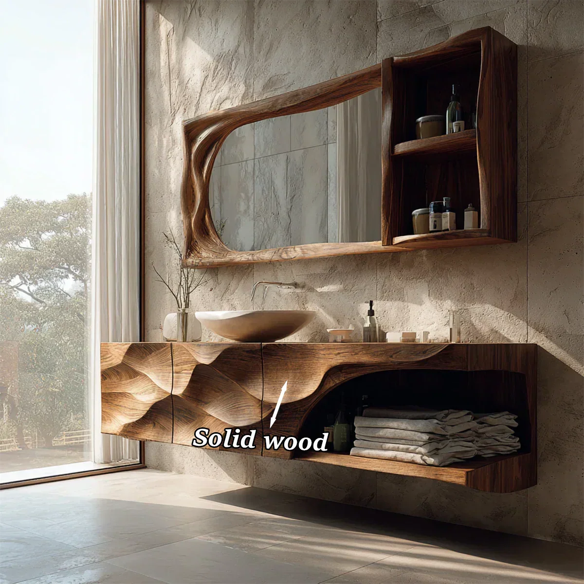 Floating Solid Wood Bathroom Vanity – Hand-Carved Natural Wood Storage Cabinet - Rustirawood