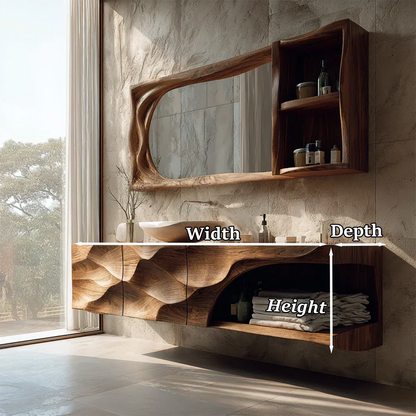 Floating Solid Wood Bathroom Vanity – Hand-Carved Natural Wood Storage Cabinet - Rustirawood