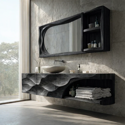 Floating Solid Wood Bathroom Vanity – Hand-Carved Natural Wood Storage Cabinet - Rustirawood
