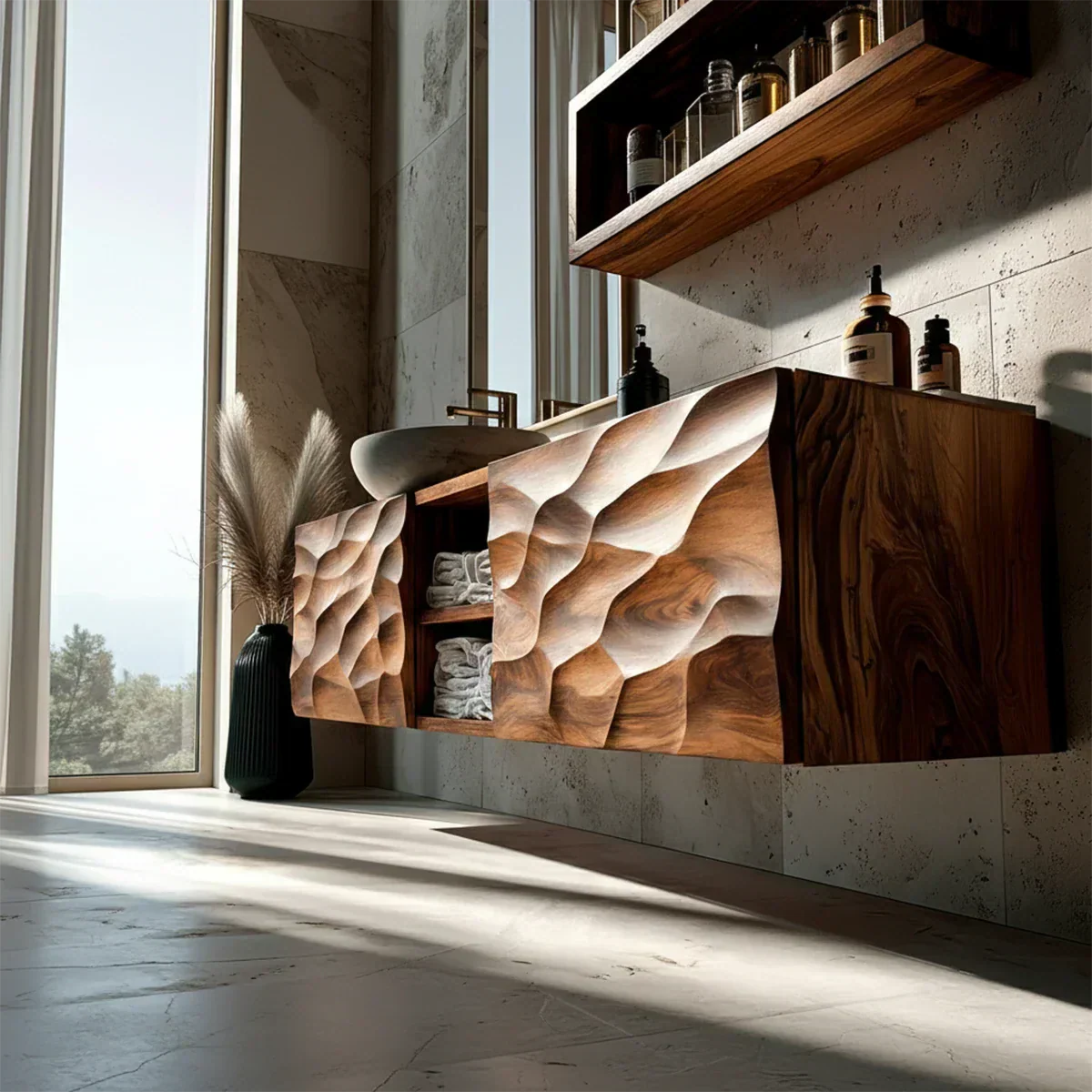 Floating Solid Wood Bathroom Vanity – Hand Carved Sculptural Front Cabinet - Rustirawood