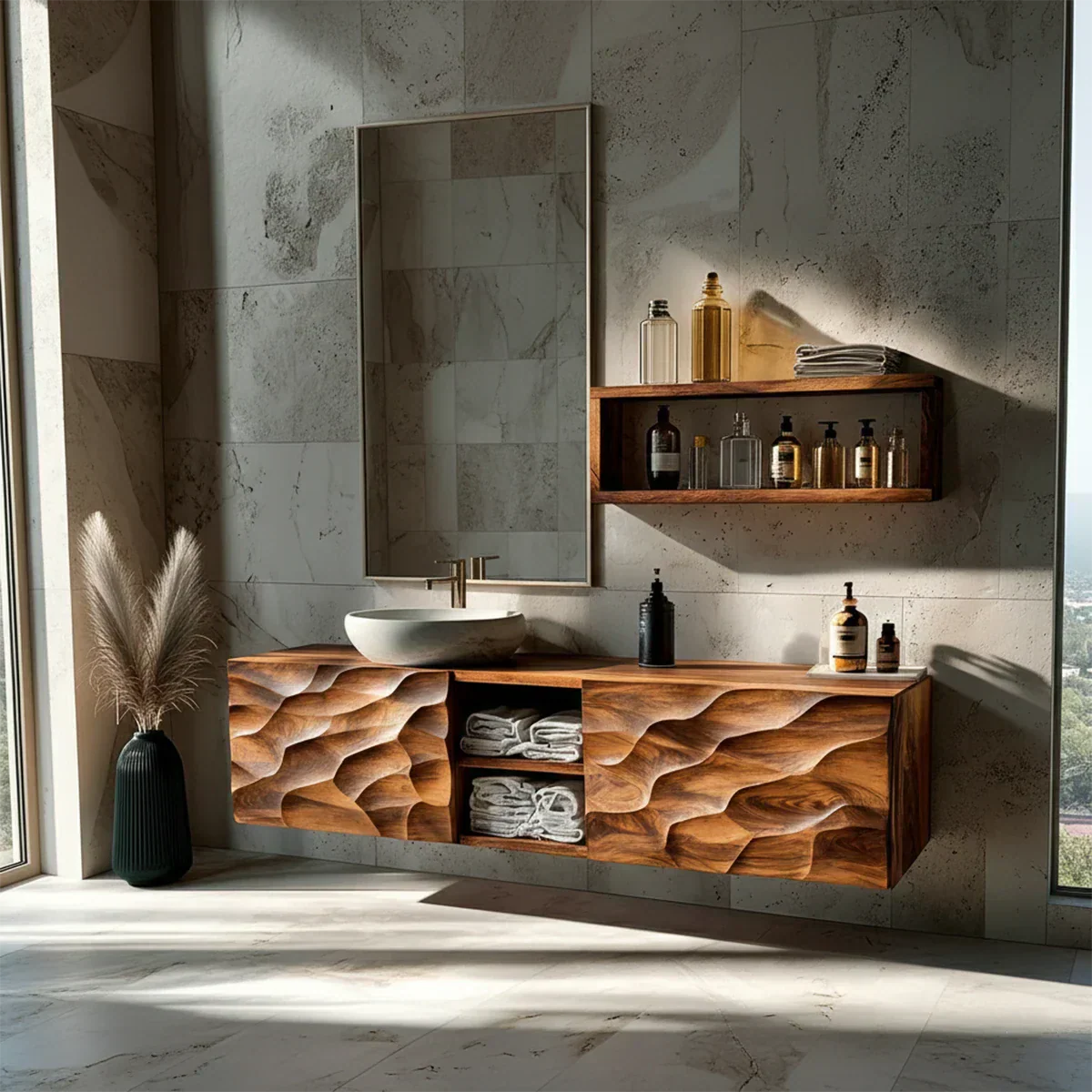 Floating Solid Wood Bathroom Vanity – Hand Carved Sculptural Front Cabinet - Rustirawood