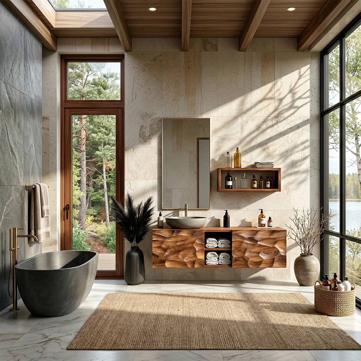 Floating Solid Wood Bathroom Vanity – Hand Carved Sculptural Front Cabinet - Rustirawood