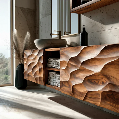 Floating Solid Wood Bathroom Vanity – Hand Carved Sculptural Front Cabinet - Rustirawood