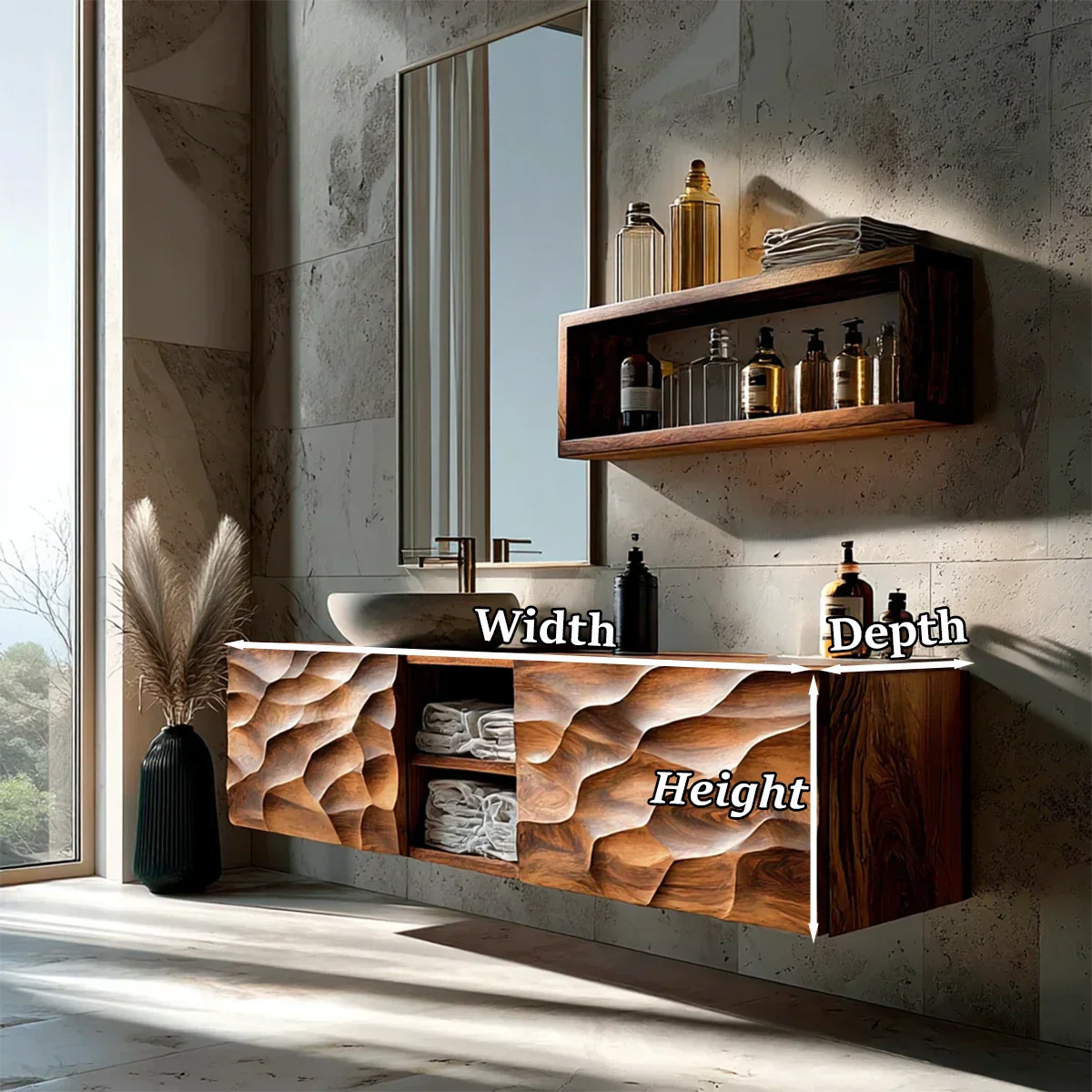 Floating Solid Wood Bathroom Vanity – Hand Carved Sculptural Front Cabinet - Rustirawood