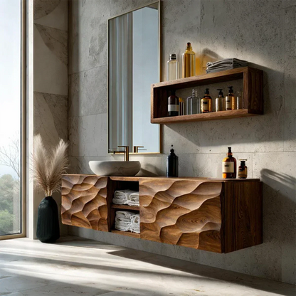 Floating Solid Wood Bathroom Vanity – Hand Carved Sculptural Front Cabinet - Rustirawood
