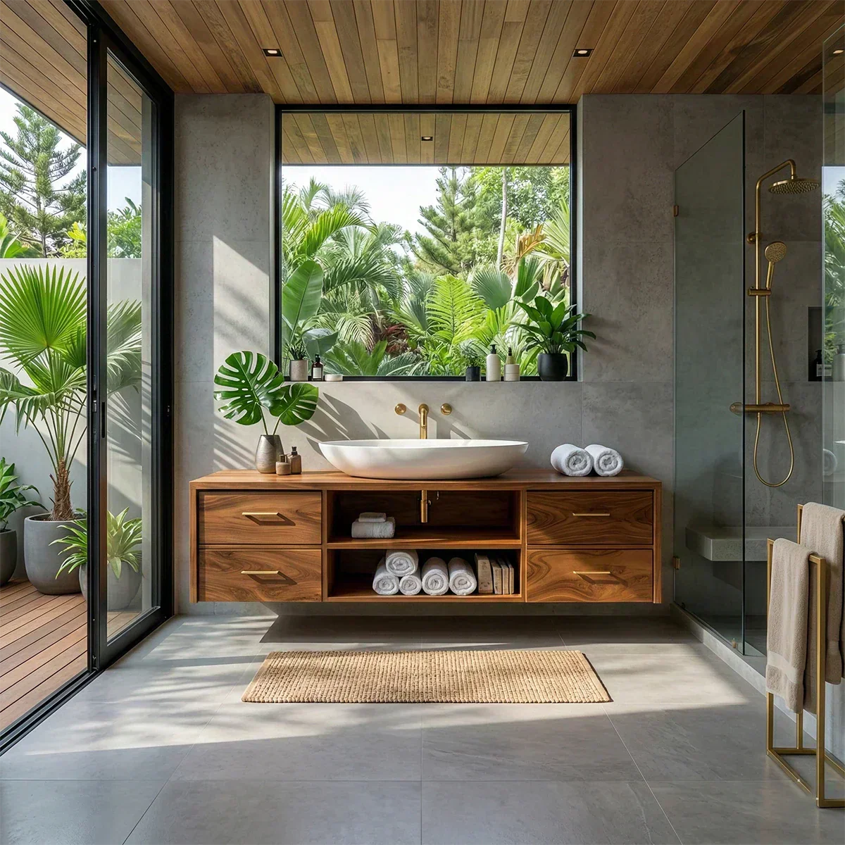 Floating Solid Wood Bathroom Vanity – Modern Vanity with Drawers and Open Shelf - Rustirawood