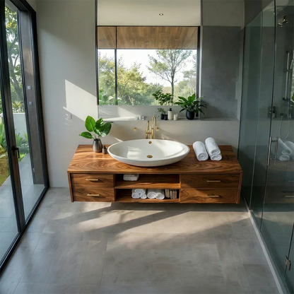 Floating Solid Wood Bathroom Vanity – Modern Vanity with Drawers and Open Shelf - Rustirawood